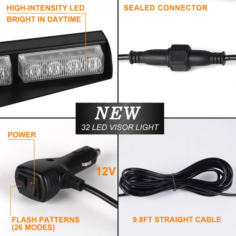 ASPL 32LED Visor Lights 26 Flash Patterns Windshield Emergency Hazard Warning Strobe Beacon Split Mount Deck Dash Lamp with Extend Bracket (Blue/White/Blue/White) - Image 3